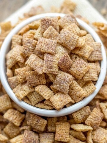 Crunchy rice chex cereal is coated in cinnamon sugar for the easiest and most addicting snack ever created. - Cinnamon Sugar Chex Mix