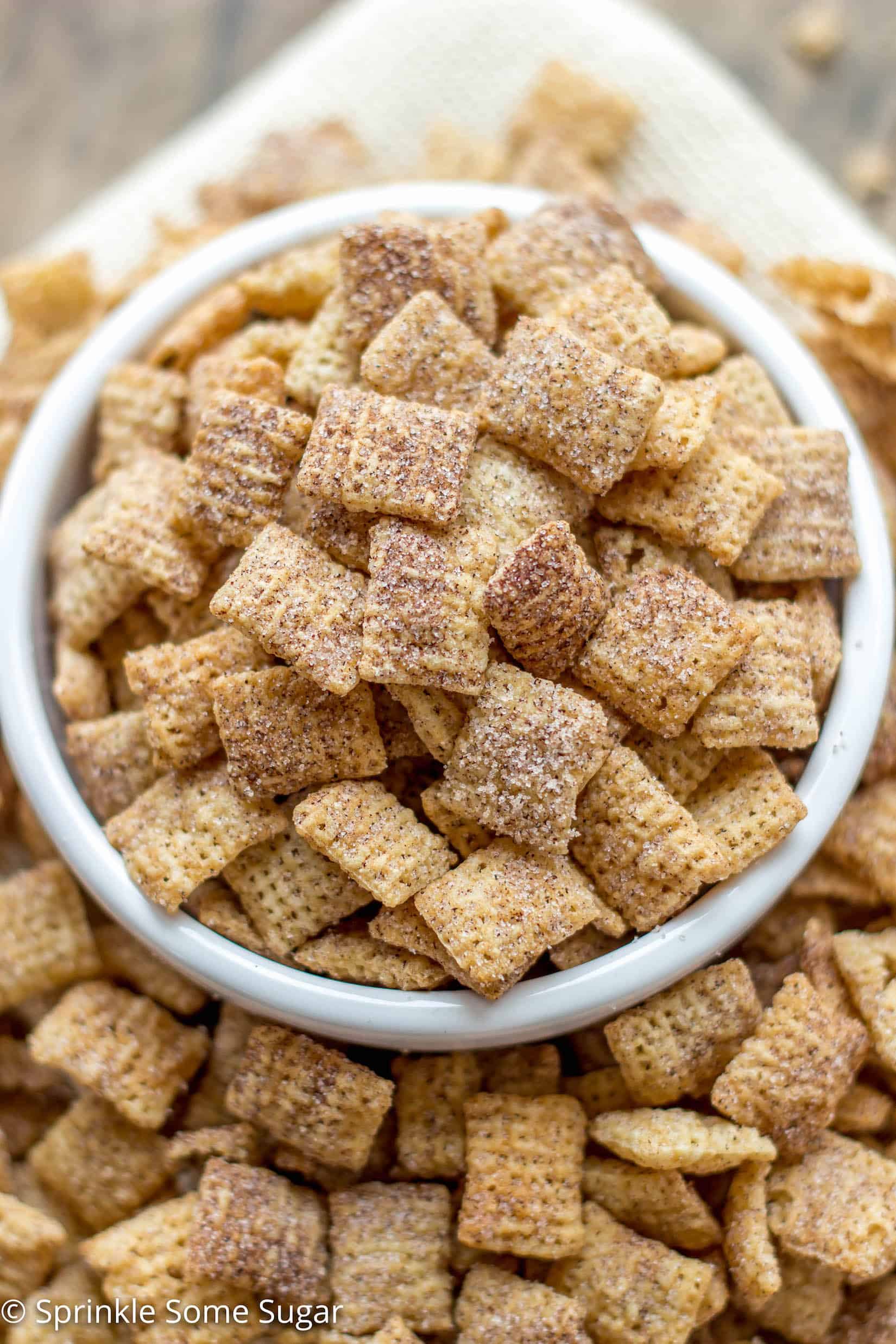 Crunchy rice chex cereal is coated in cinnamon sugar for the easiest and most addicting snack ever created. - Cinnamon Sugar Chex Mix