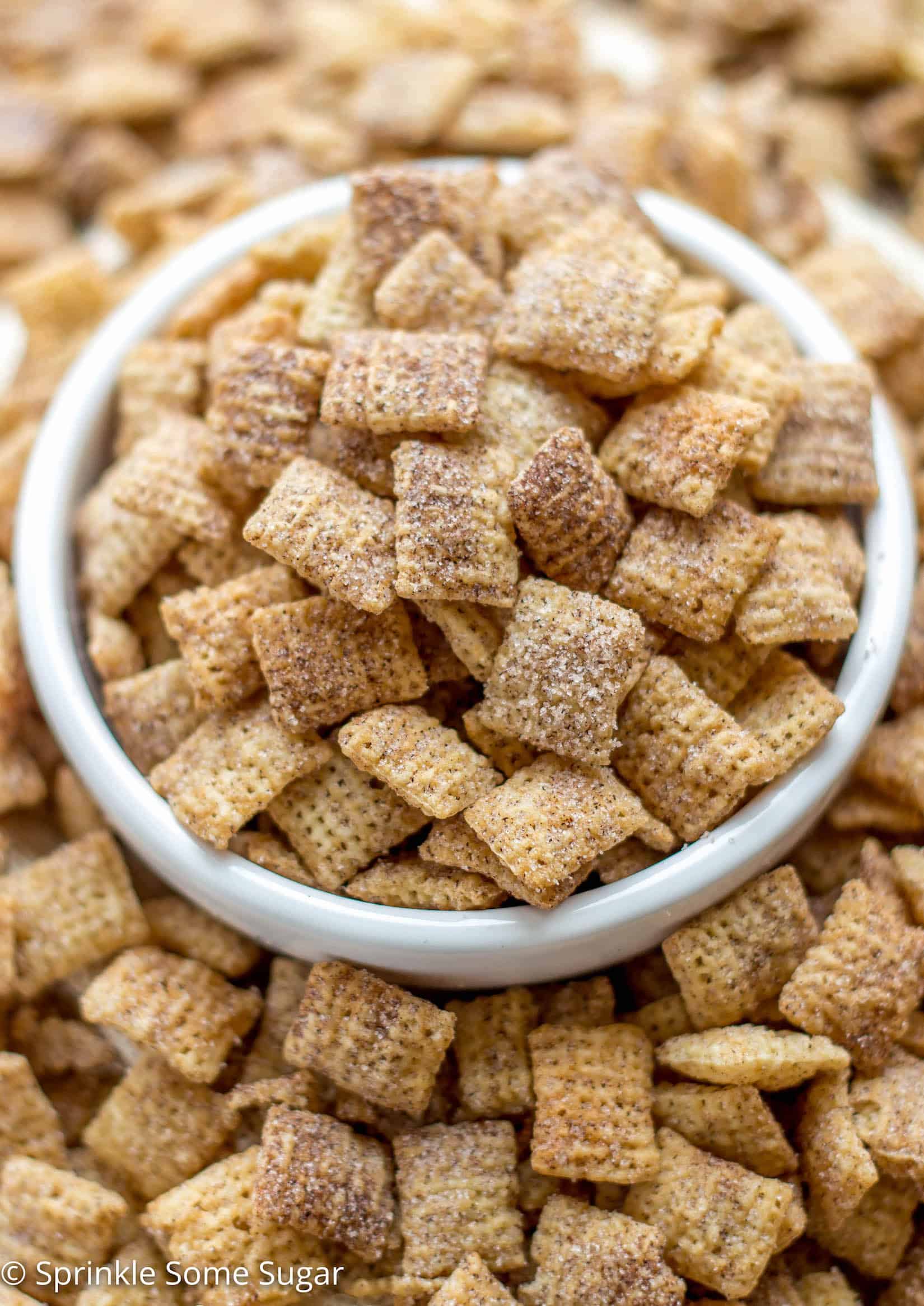 Crunchy rice chex cereal is coated in cinnamon sugar for the easiest and most addicting snack ever created. - Cinnamon Sugar Chex Mix