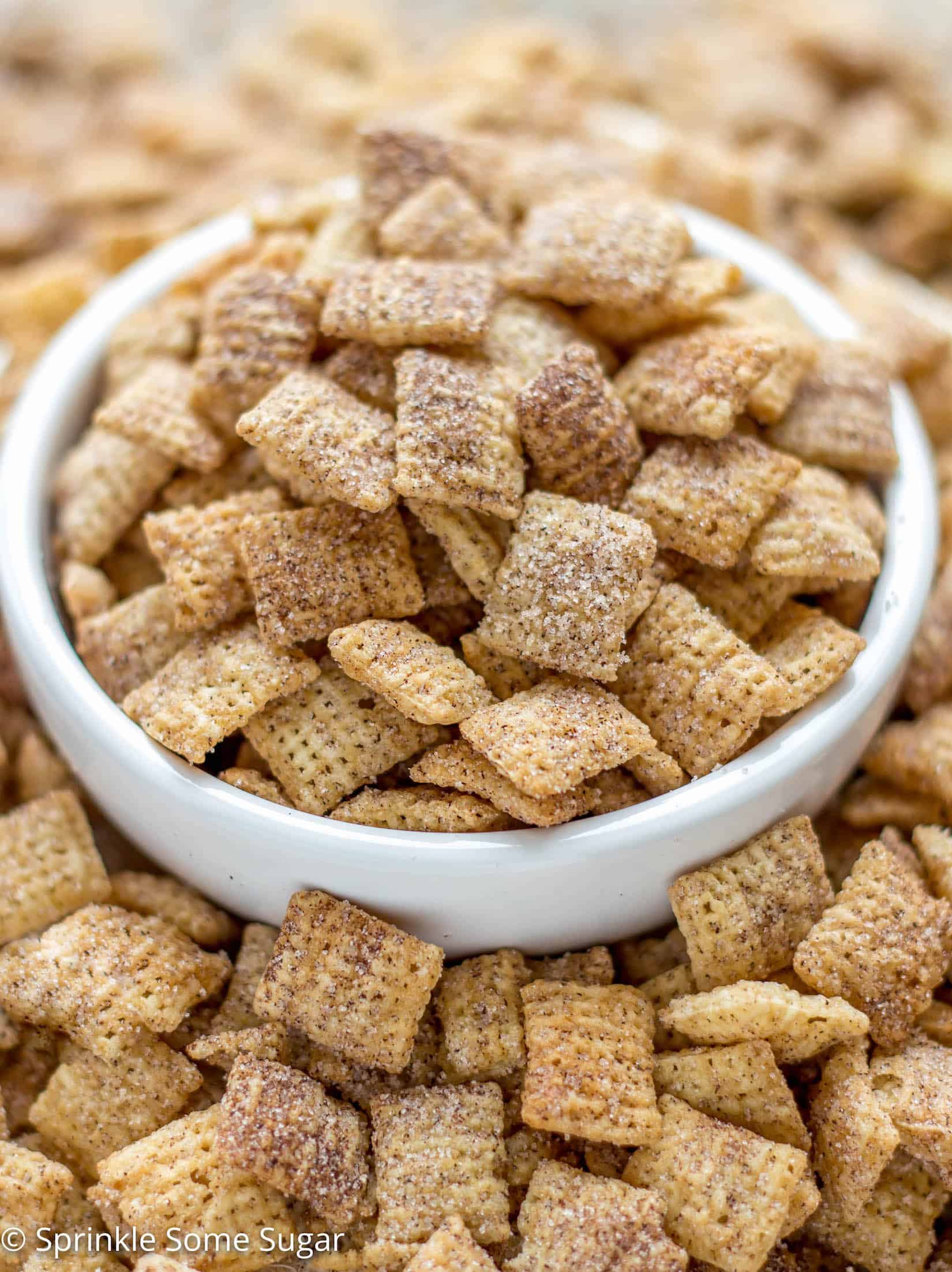 Crunchy rice chex cereal is coated in cinnamon sugar for the easiest and most addicting snack ever created. - Cinnamon Sugar Chex Mix