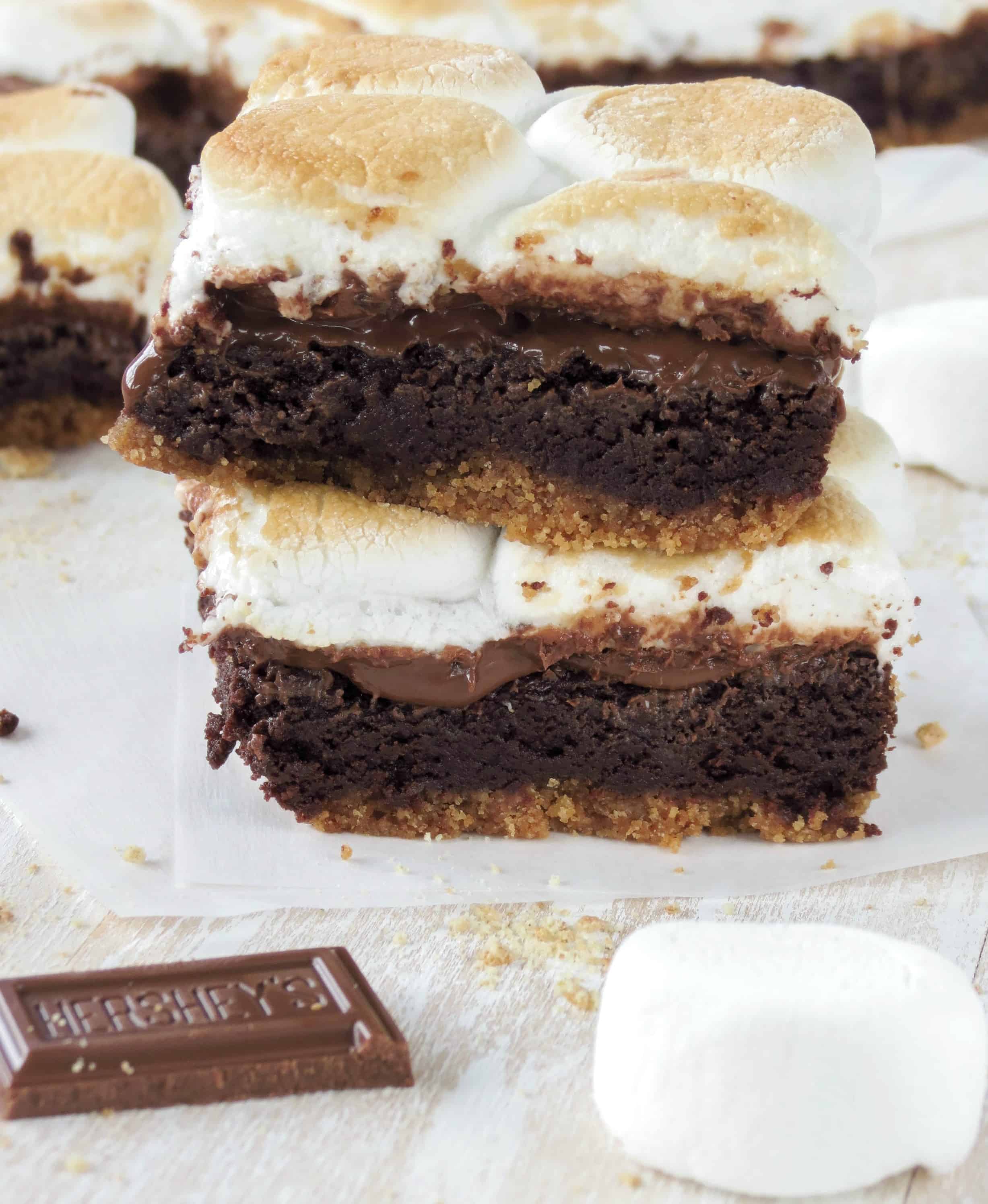 Smores brownies stacked on top of each other.