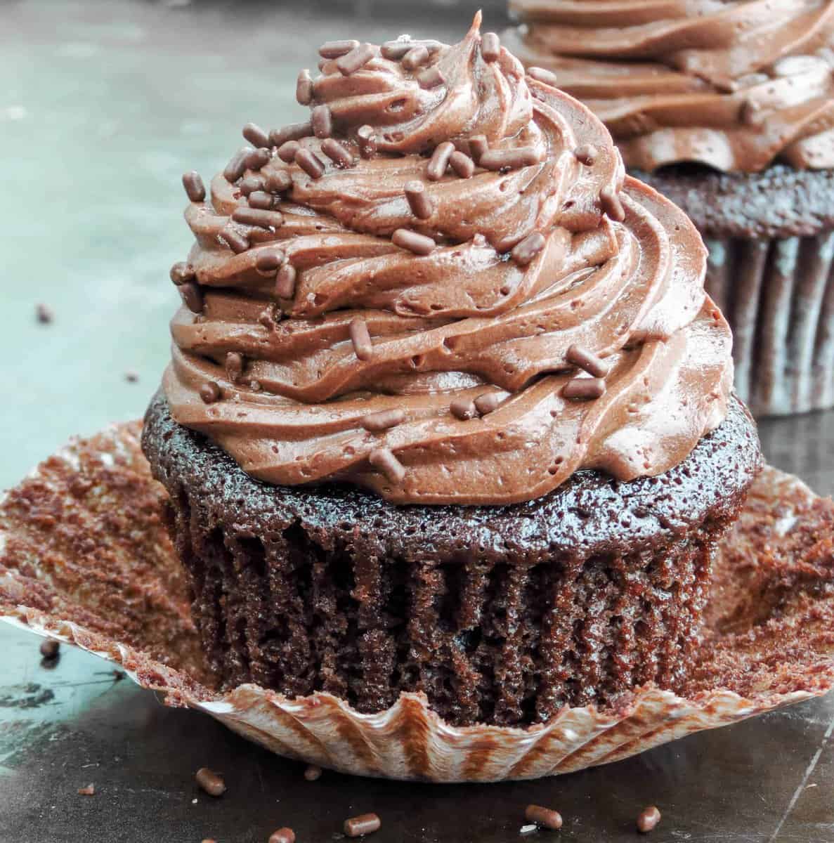 The Ultimate Chocolate Cupcakes with wrapper pulled down.