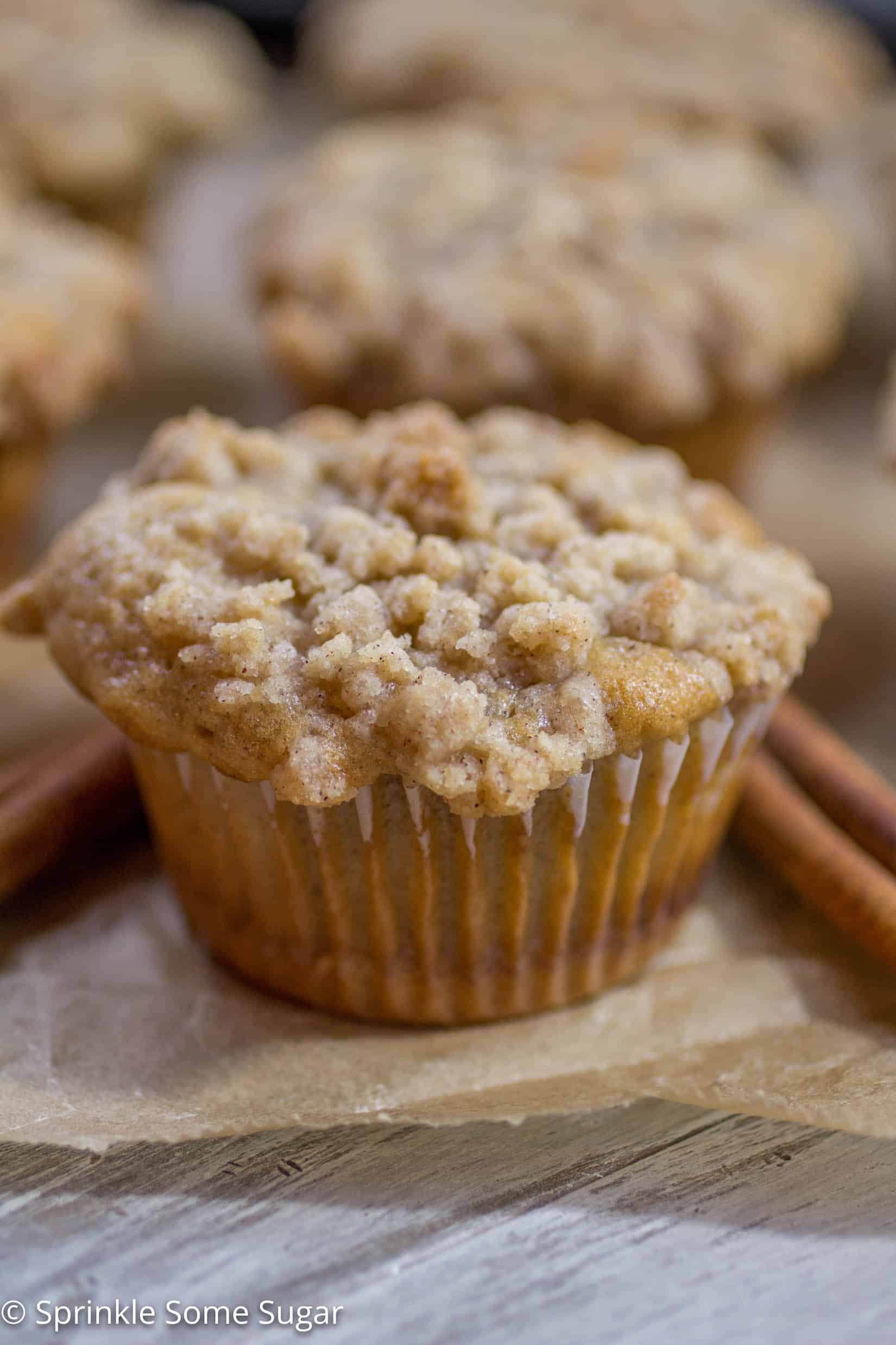 Cinnamon Swirl Coffee Cake Muffins - The most tender muffins with a gooey cinnamon center and topped with a sweet crumb topping!