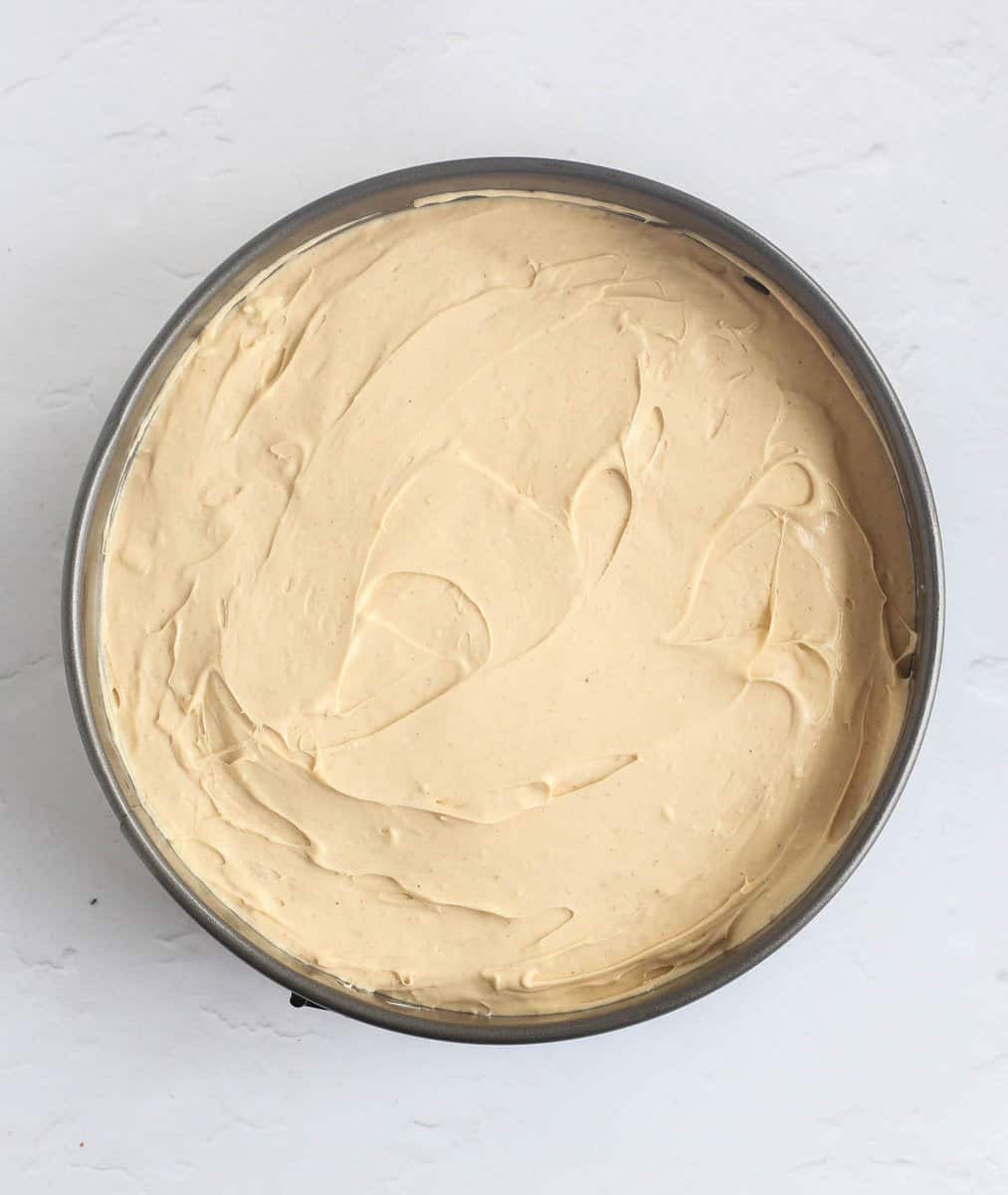 No-bake caramel cheesecake on top of baked brownie crust.