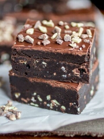 Mint Overload Truffle Brownies stacked.