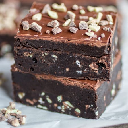 Mint Overload Truffle Brownies stacked.