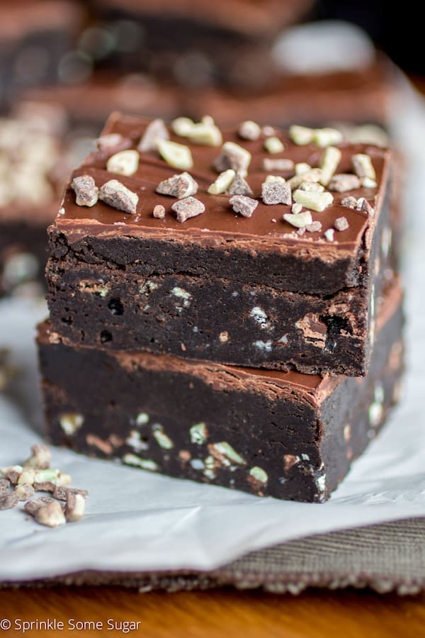 Mint Overload Truffle Brownies stacked.