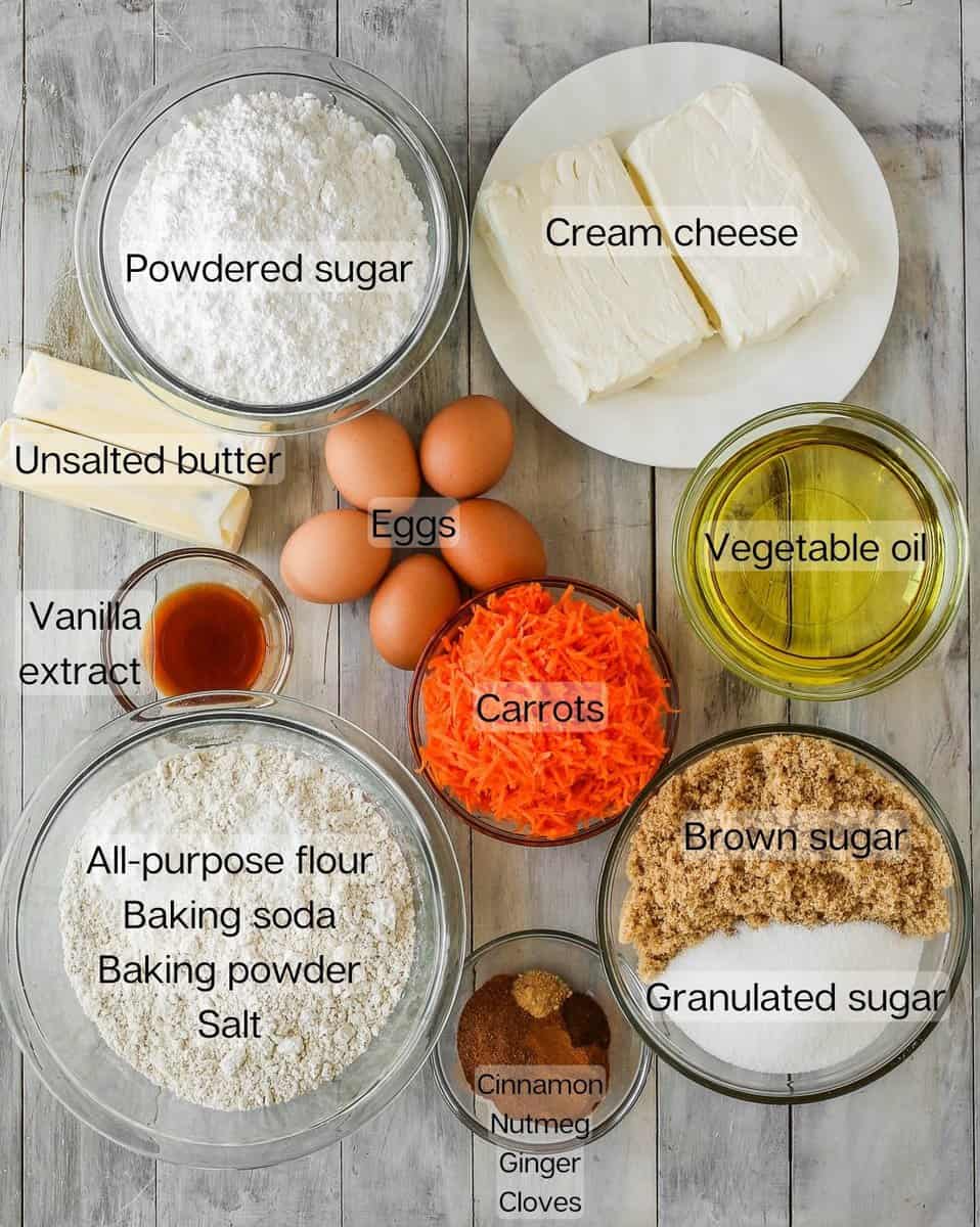 All carrot cake ingredients overhead shot.