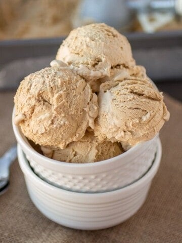 No churn coffee ice cream scooped into a bowl.