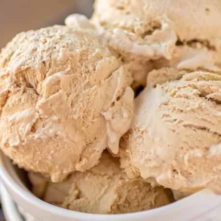 No churn coffee ice cream scooped into a bowl.