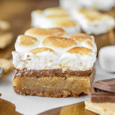 Smores blondie on a piece of parchment paper.
