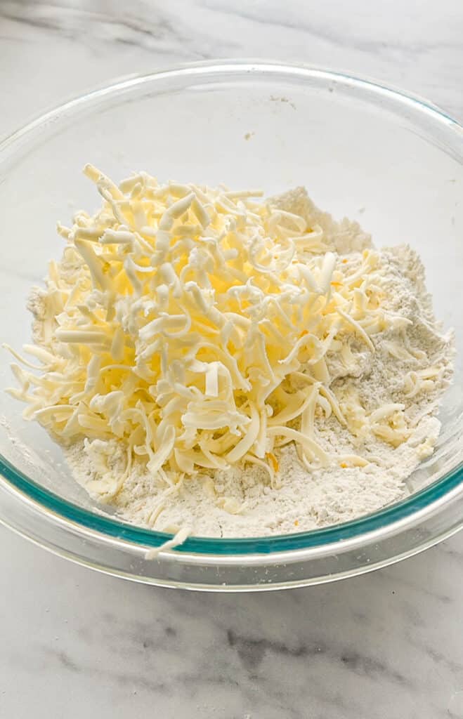Grated butter into scone ingredients.