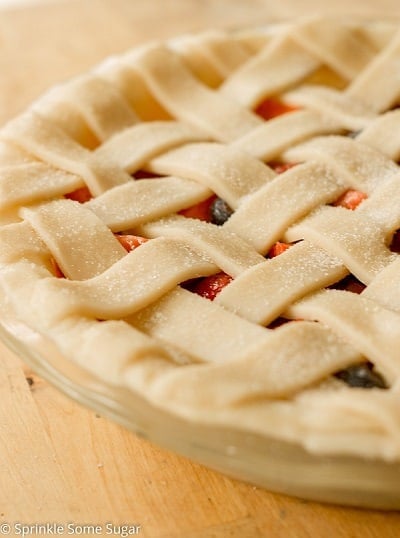 Pie just before baking with lattice crust.