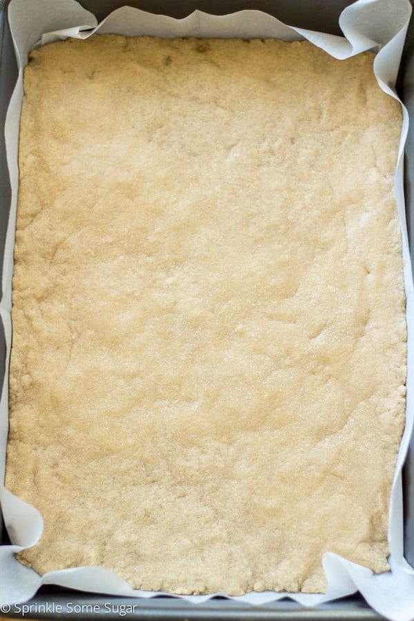 Slightly baked brown sugar shortbread dough pressed in a pan.