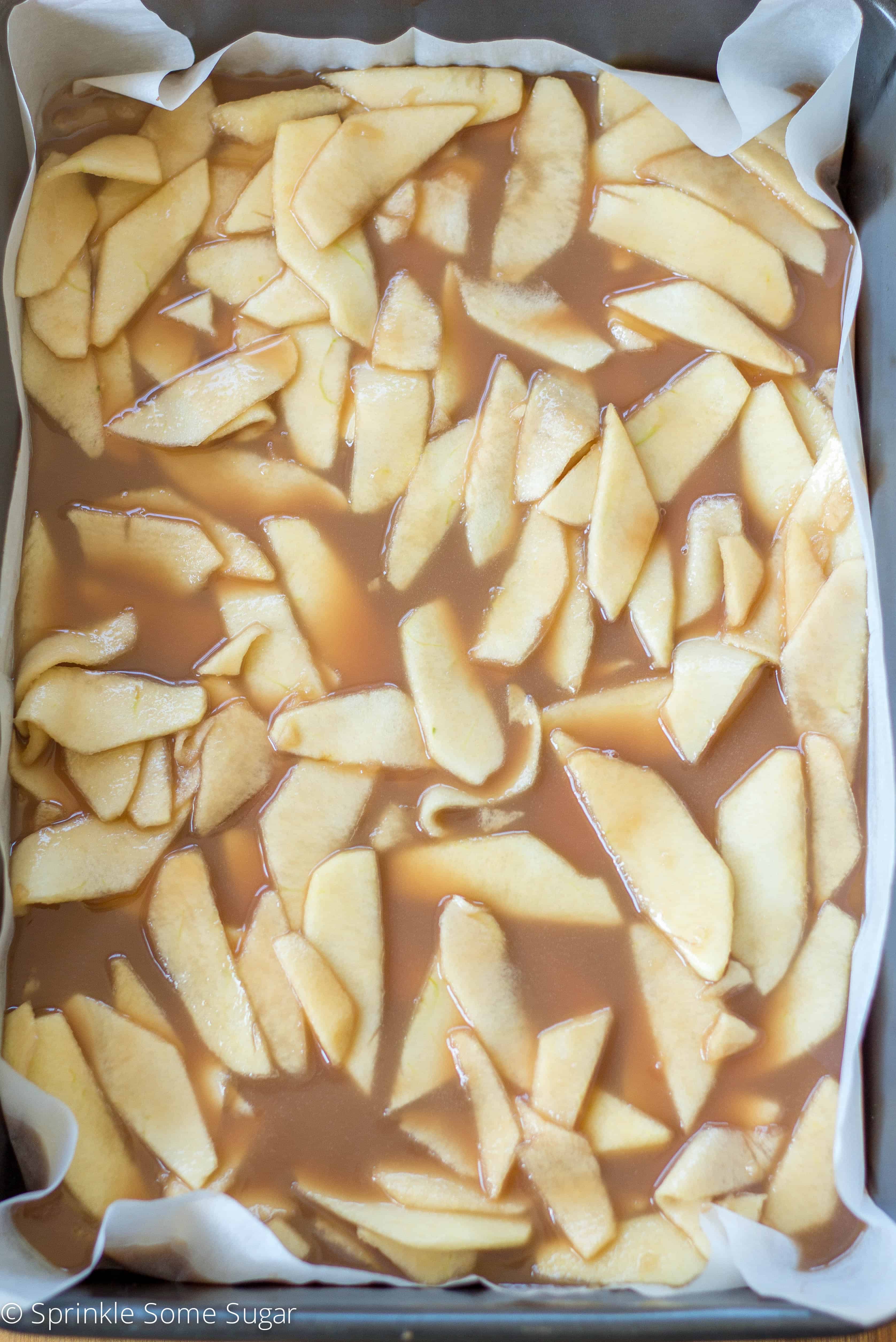 Apples and caramel spread on crust.