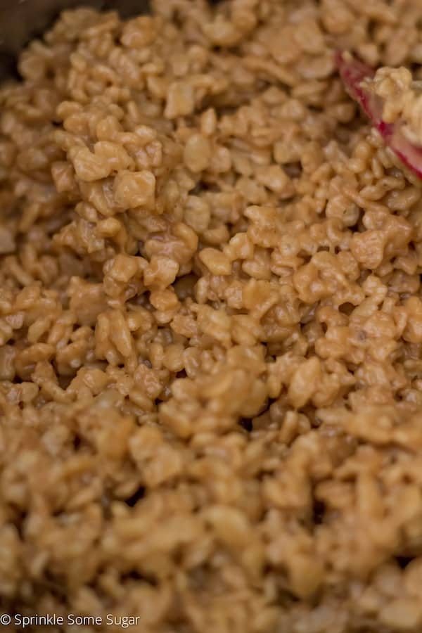 Peanut butter honey Rice Krispie treats mixed.