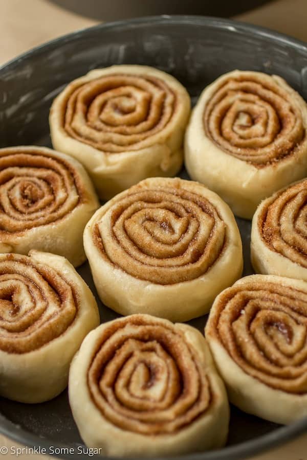 Cinnamon rolls in pan ready for first rise.