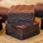 Triple Dark Chocolate Truffle Brownies stacked.