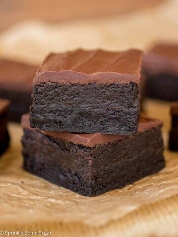 Triple Dark Chocolate Truffle Brownies stacked.