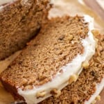 Slice of banana walnut bread with cream cheese frosting