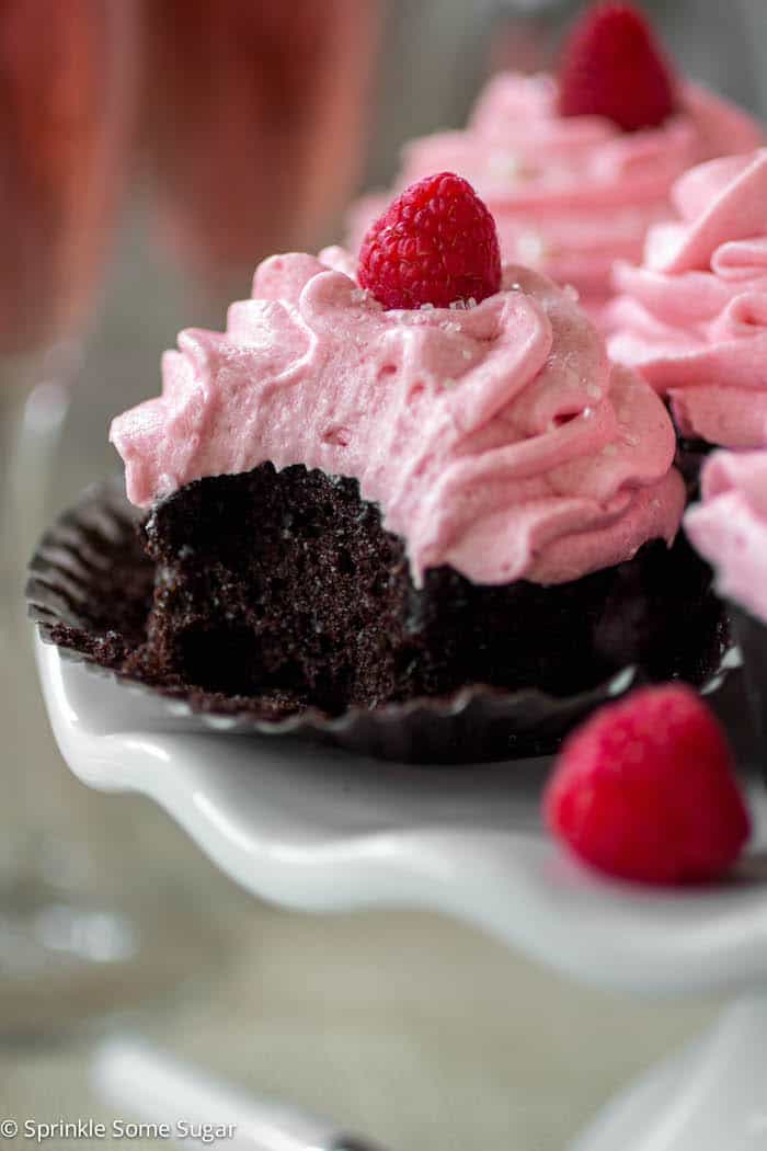 Dark Chocolate Cupcakes with Raspberry Champagne Frosting - Sprinkle Some Sugar