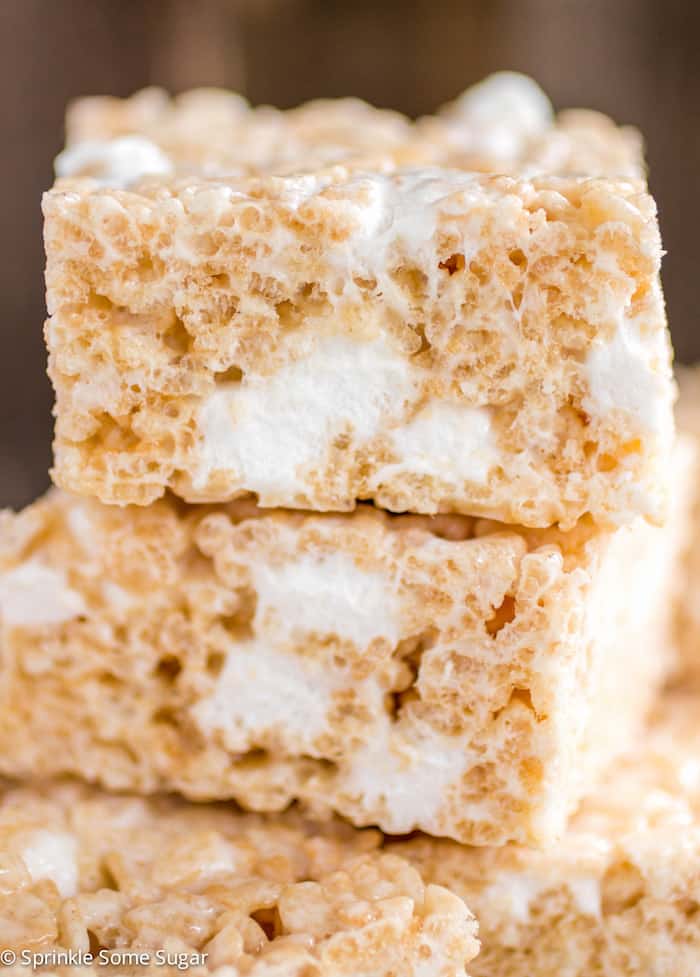 Perfect Rice Krispie treats stacked on top of one another.