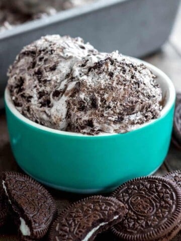 No-Churn Cookies and Cream Ice Cream scooped into a bowl.