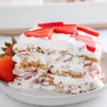 Strawberry icebox cake on a plate.
