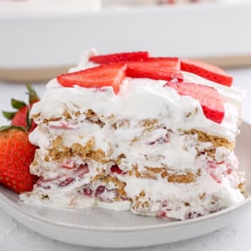 Strawberry icebox cake on a plate.