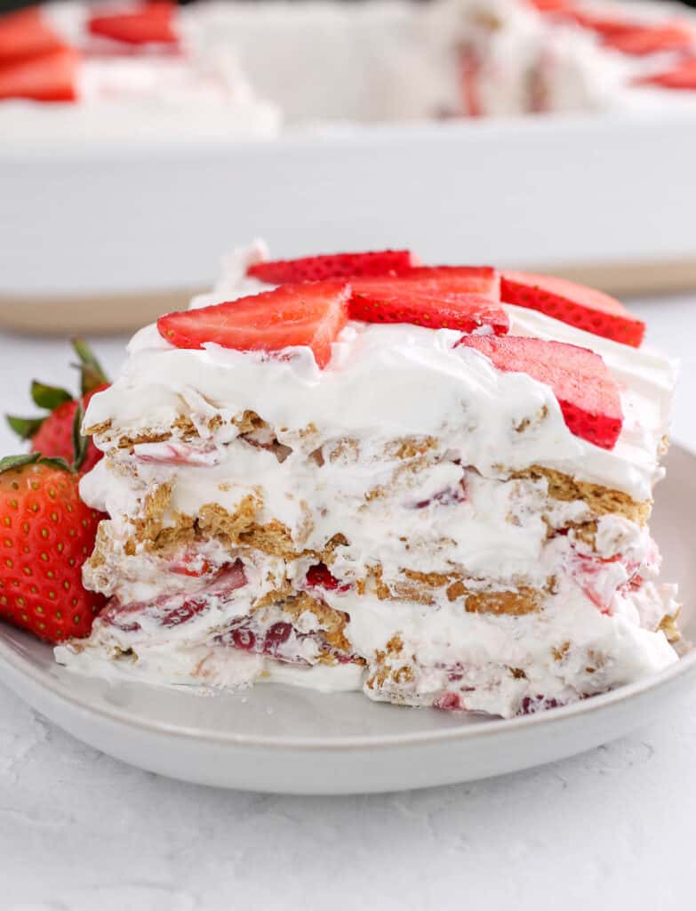 Strawberry icebox cake on a plate.