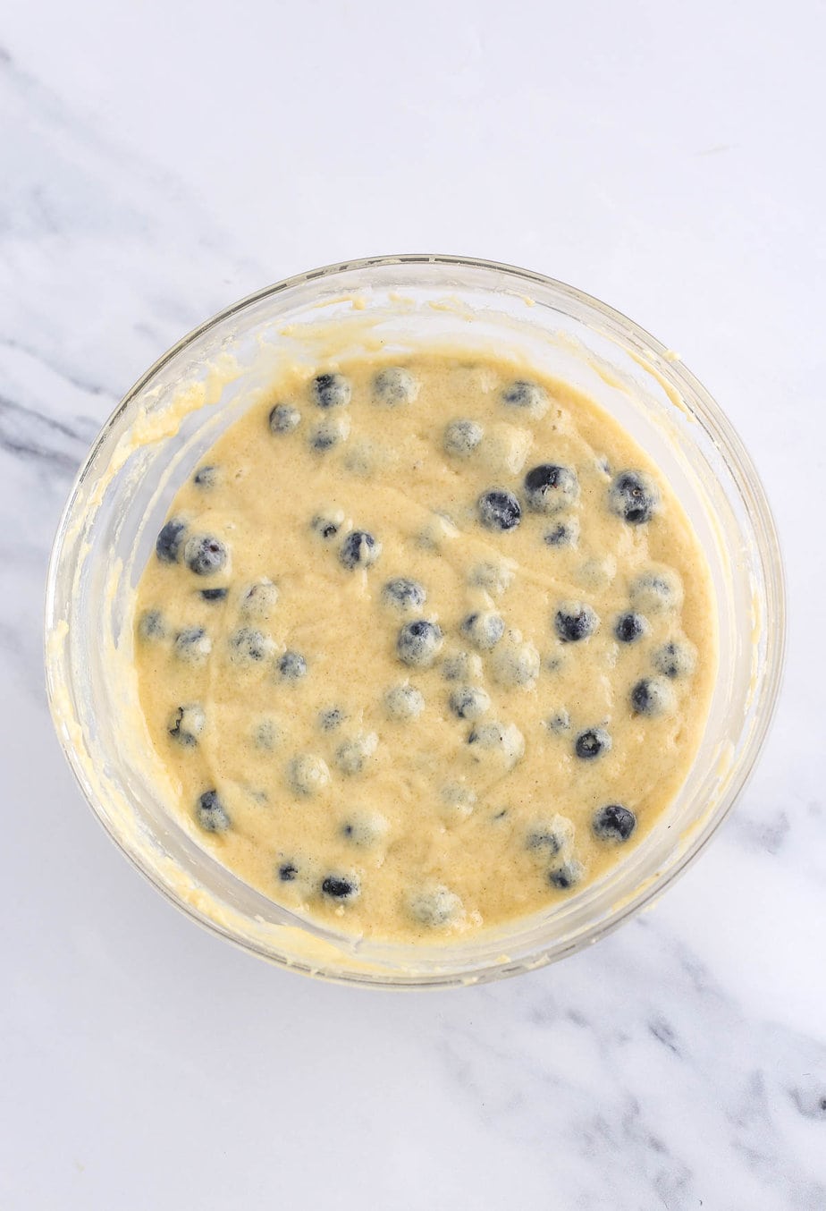 Blueberry Muffin batter mixed in a bowl.