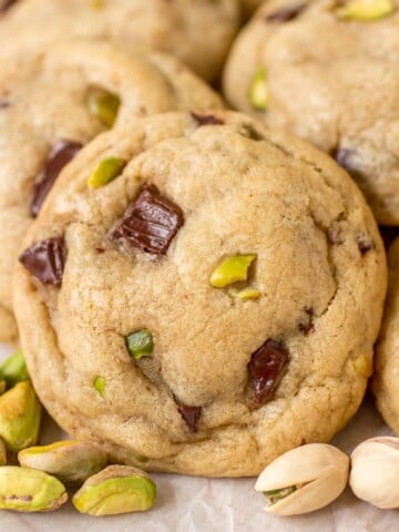 Pistachio Dark Chocolate Chunk Cookies - Buttery cookies filled with pistachios and melty dark chocolate!