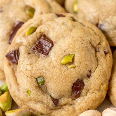 Pistachio Dark Chocolate Chunk Cookies - Buttery cookies filled with pistachios and melty dark chocolate!