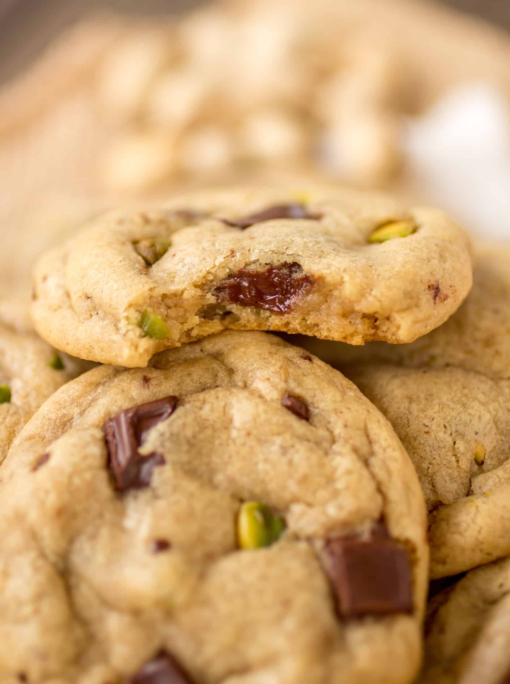 Pistachio Dark Chocolate Chunk Cookies - Buttery cookies filled with pistachios and melty dark chocolate!