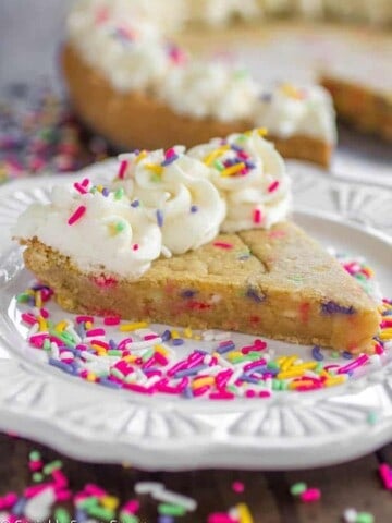 Funfetti Sugar Cookie Cake on a white plate.
