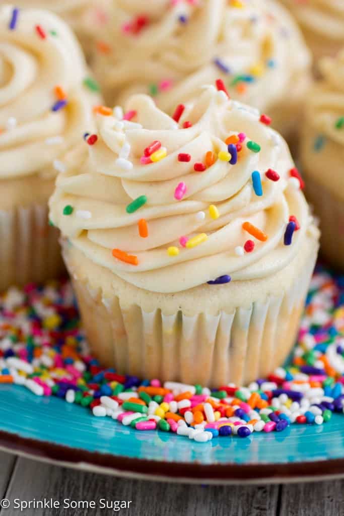 Funfetti Cupcakes with Cake Batter Frosting on a plate.