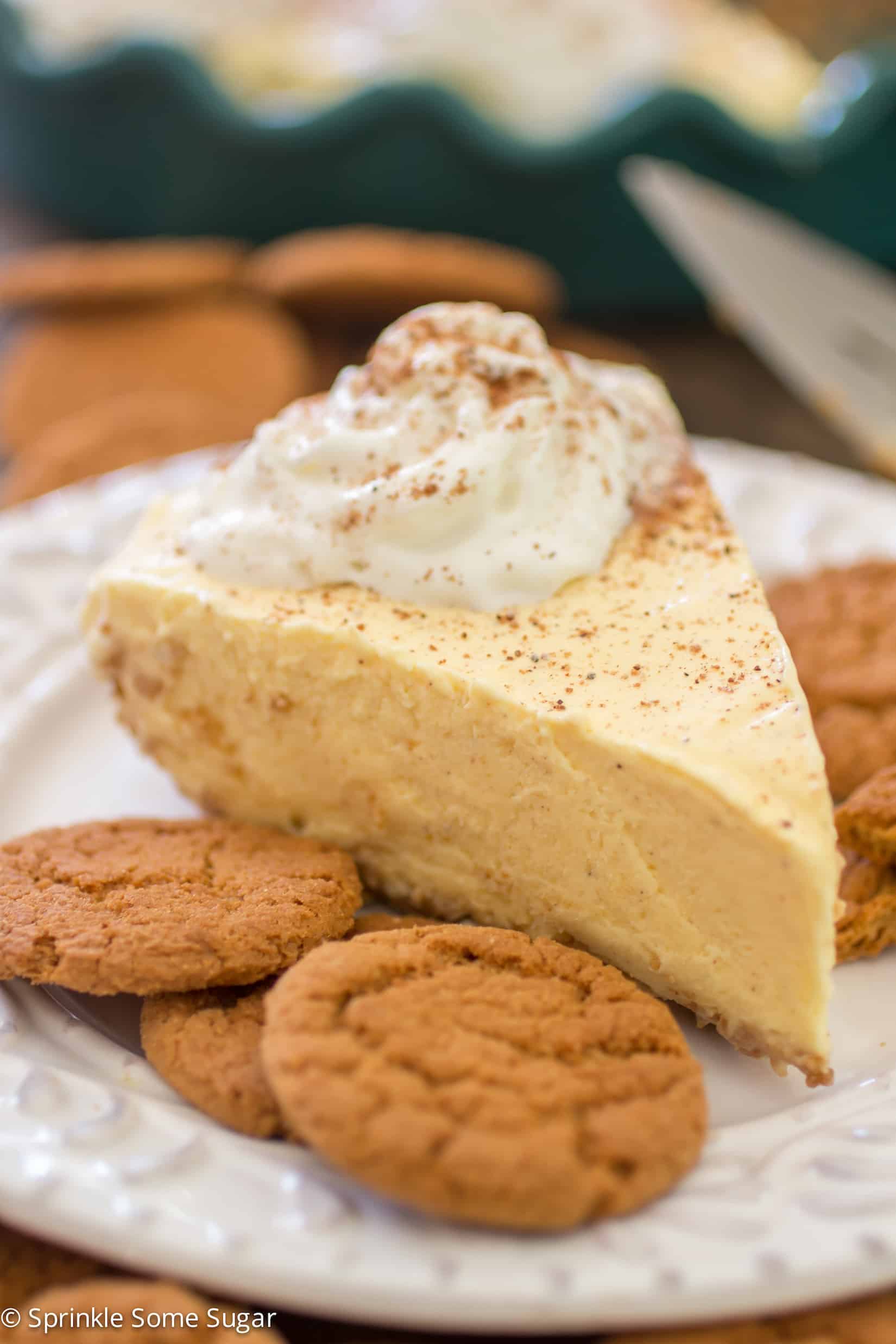 A spicy gingersnap crust is filled with a super creamy and flavorful eggnog filling and topped with Reddi-wip®. - Sprinkle Some Sugar