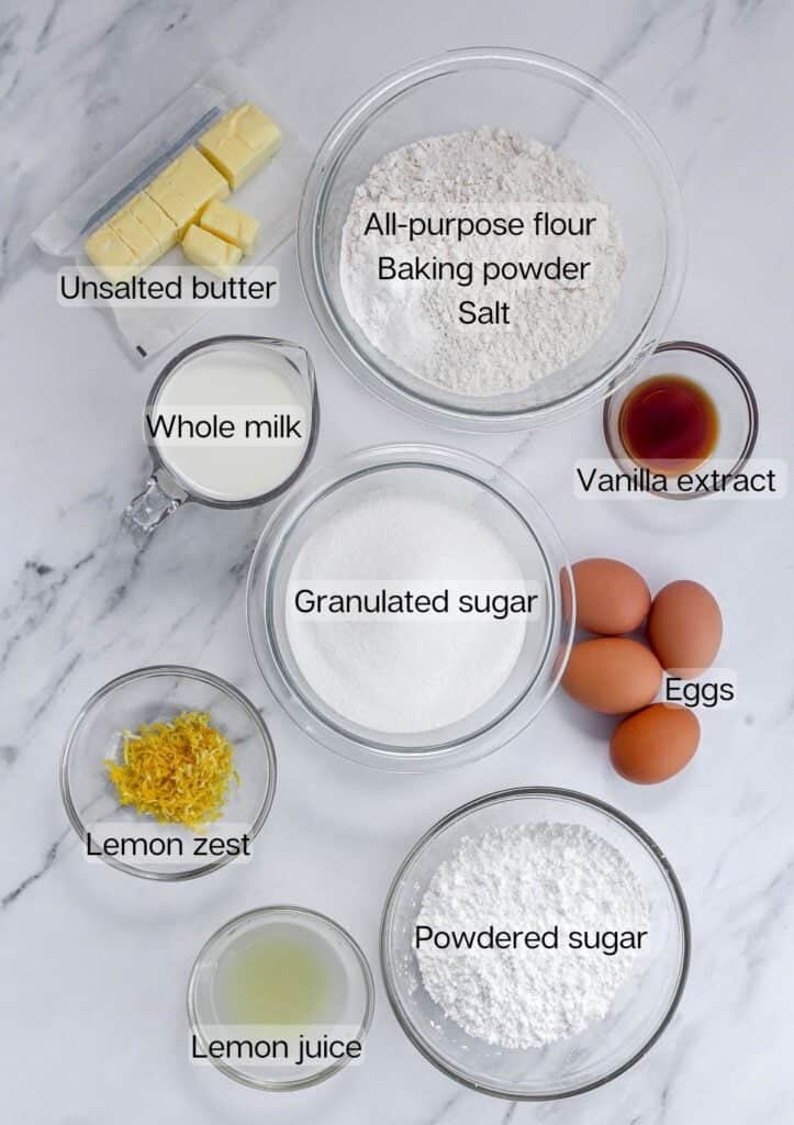 Ingredients for lemon Bundt Cake.