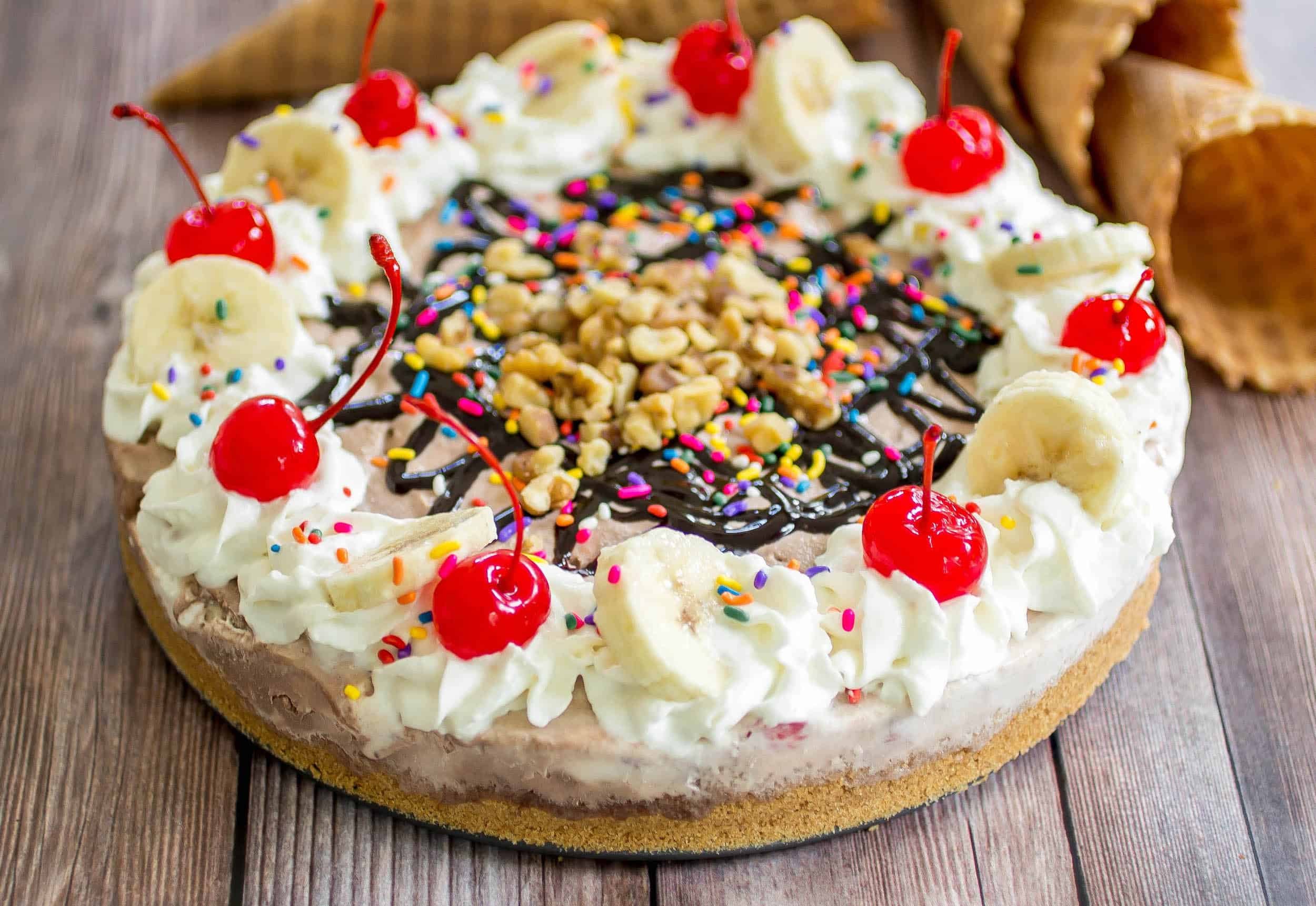 No-Bake Banana Split Ice Cream Pie - An easy and crazy delicious banana split alternative that everyone can share!