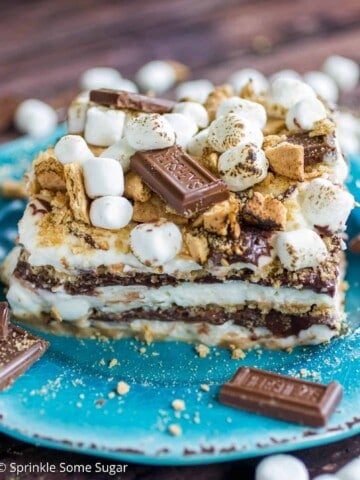 S'mores Icebox Cake slice on a plate.