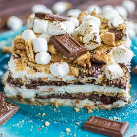 S'mores Icebox Cake slice on a plate.