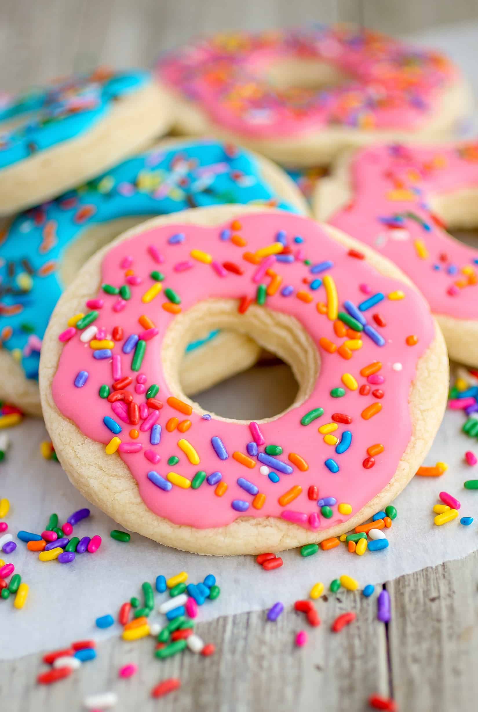 Donut Shaped Sugar Cookies with Royal Icing - Deliciously thick and soft sugar cookies decorated as donuts! These cookies will melt in your mouth!