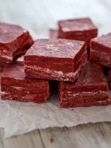 Red Velvet Fudge - Rich and creamy red velvet fudge, swirled with white chocolate.
