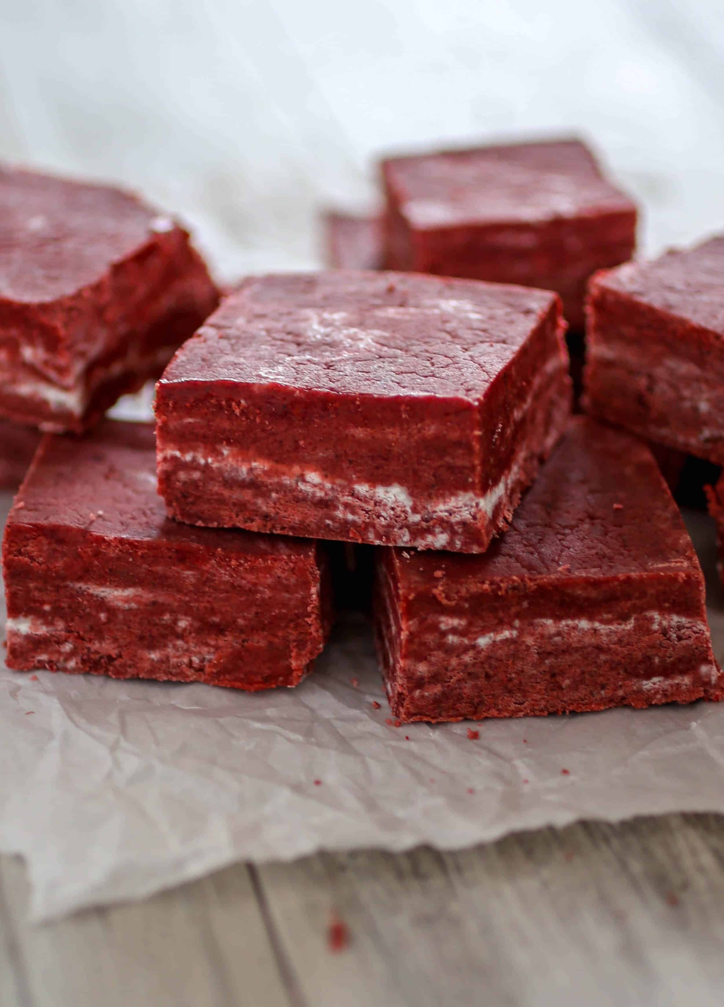 Red Velvet Fudge - Rich and creamy red velvet fudge, swirled with white chocolate.