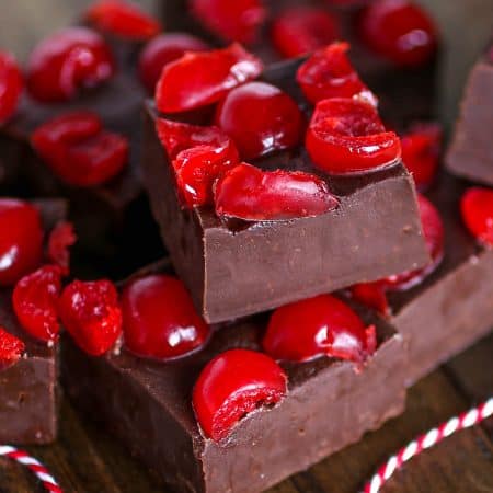 Chocolate Cherry Fudge - No need to head to the candy store with this creamy chocolate fudge! Topped with sweet and juicy cherries, you have one amazing treat!