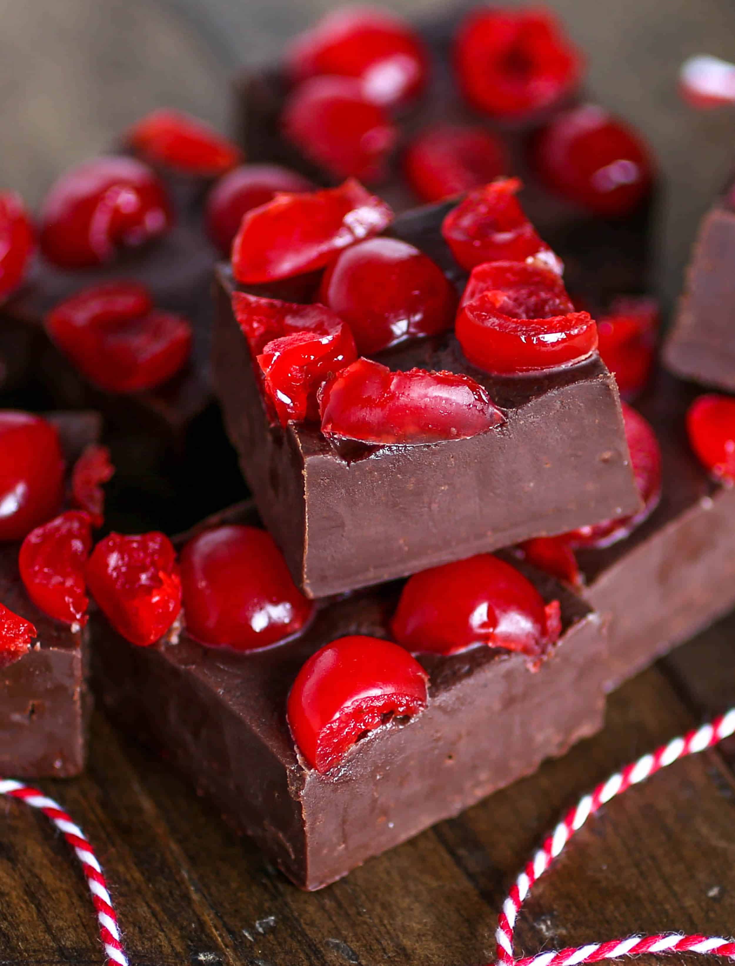 Chocolate Cherry Fudge - No need to head to the candy store with this creamy chocolate fudge! Topped with sweet and juicy cherries, you have one amazing treat!