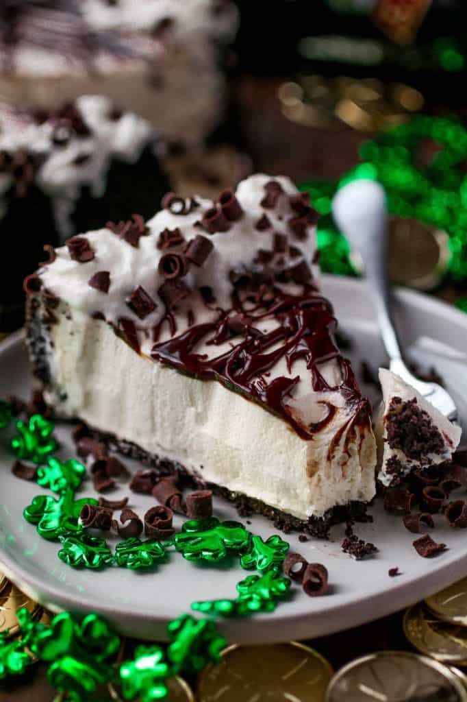 No-Bake Bailey's Cheesecake slice on a plate.